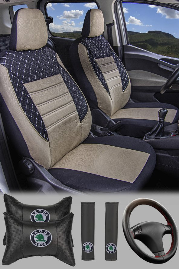 Modern Garaj Skoda Fabia Gofrajlı Oto Koltuk Logolu Kılıfı Seti ürün görseli 1