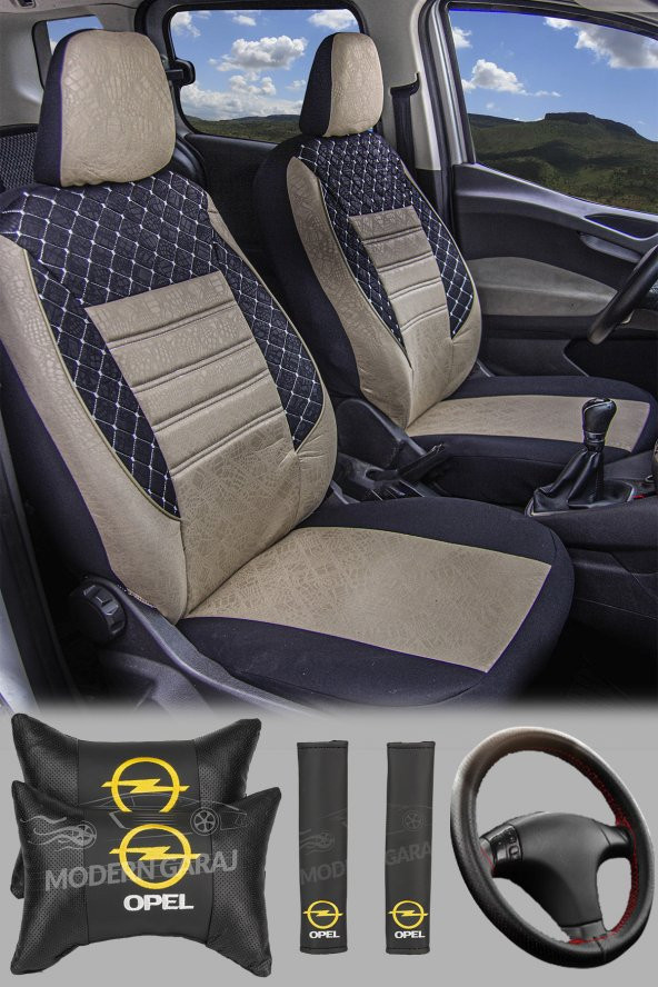 Modern Garaj Opel Astra, Corsa, Vectra Gofrajlı Yastık,Kemer Direksyon Oto Koltuk Logolu Kılıfı Seti ürün görseli 1