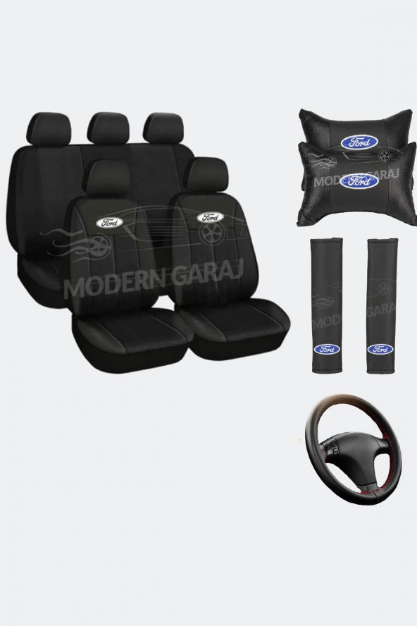 Focus, Fiesta, Escort Uyumlu Siyah Oto Koltuk Kılıfı Boyun Yastığı Kemer Direksiyon Kılıfı ürün görseli 1