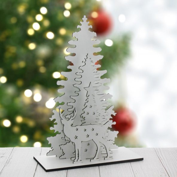 31x17cm Yılbaşı Dekor Demonte Çam Ahşap Ağaç ve Geyik ürün görseli 1