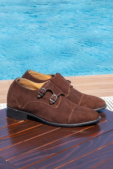 El Yapımı Hakiki Deri Kahverengi Tokalı Süet 7 Cm Boy Uzatan Gizli Topuk Klasik Ayakkabı Kundura ürün görseli 1