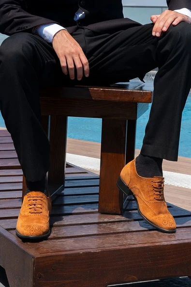 El Yapımı Hakiki Deri Taba Renk Süet 7 Cm Boy Uzatan Gizli Topuk Klasik Ayakkabı Damatlık Kundura ürün görseli 1