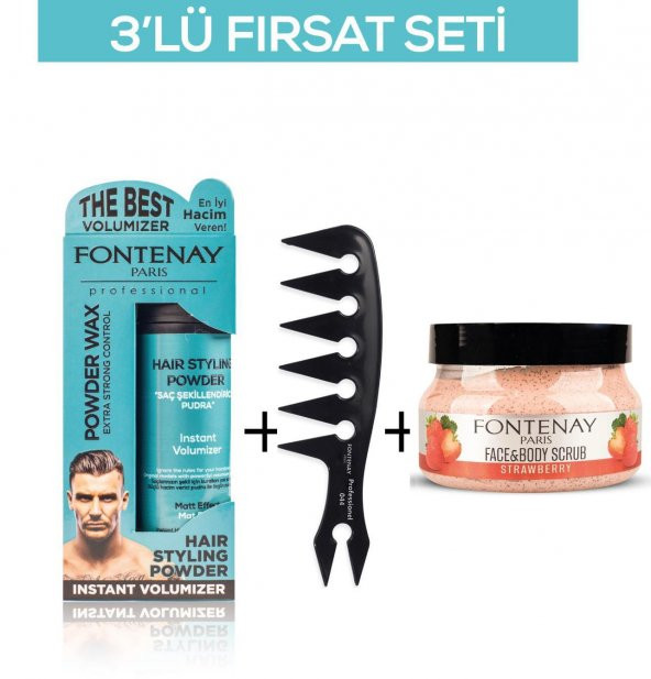 Fontenay Pudra Toz Wax Mavi 20gr + Şekil Tarağı 044 + Face And Body Scrub Çilekli 350ml 3Lü Set ürün görseli 1