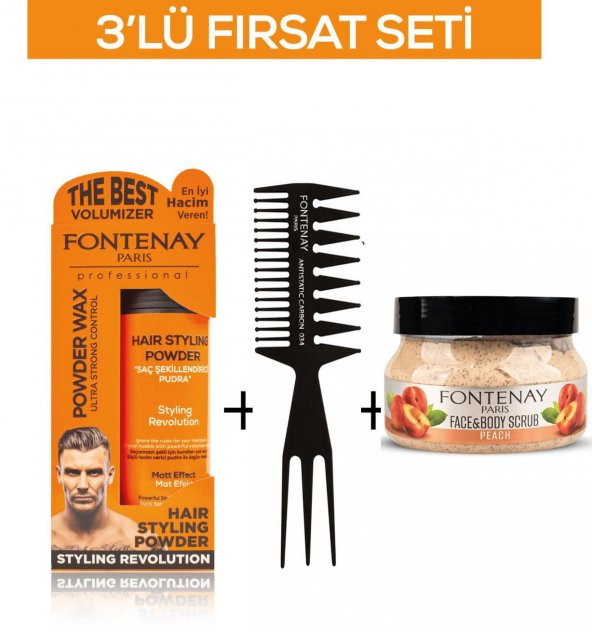 Fontenay Pudra Toz Wax Turuncu 20gr +Şekil Tarağı 034+ Face And Body Scrub Şeftali 350ml 3Lü Set ürün görseli 1