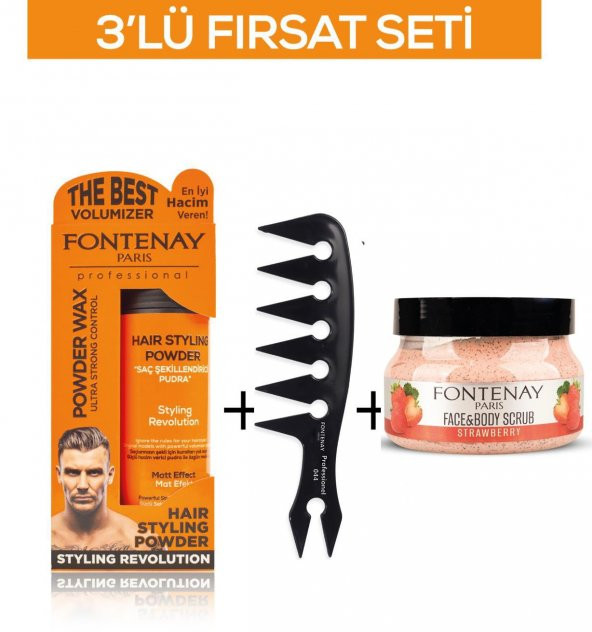 Fontenay Pudra Toz Wax Turuncu 20gr +Şekil Tarağı 044+ Face And Body Scrub Çilekli 350ml 3Lü Set ürün görseli 1