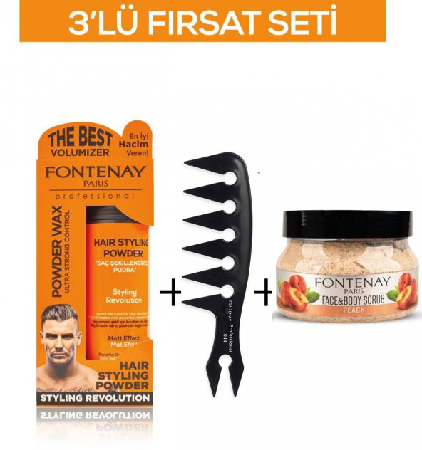 Fontenay Pudra Toz Wax Turuncu 20gr +Şekil Tarağı 044+ Face And Body Scrub Şeftali 350ml 3Lü Set ürün görseli 1