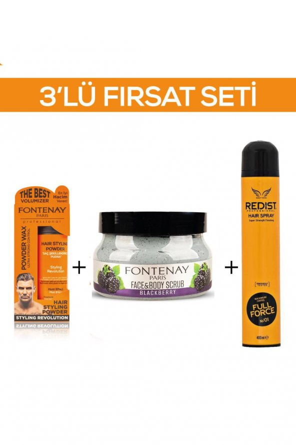 Fontenay Pudra Toz Wax Turuncu 20gr + FaceAndBody Scrub Böğürtlen 350ml+Saç Spreyi 2 400ml 3'Lü Set ürün görseli 1