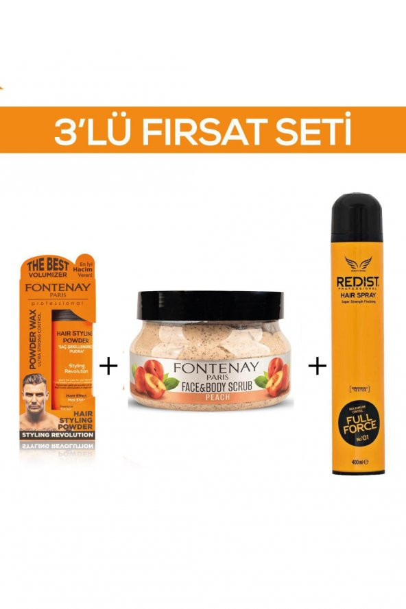 Fontenay Pudra Toz Wax Turuncu 20gr + Face And Body Scrub Şeftali 350ml +Saç Spreyi 2 400ml 3Lü Set ürün görseli 1