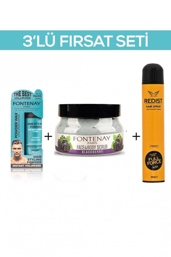 Fontenay Pudra Toz Wax Mavi 20gr + Face And Body Scrub Böğürtlen 350ml +Saç Spreyi 400ml 2 3Lü Set ürün görseli 1