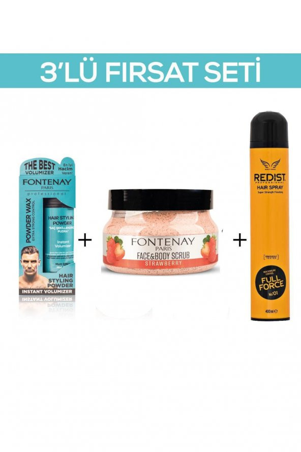 Fontenay Pudra Toz Wax Mavi 20gr + Face And Body Scrub Çilekli 350ml +Saç Spreyi 400ml 2 3Lü Set ürün görseli 1