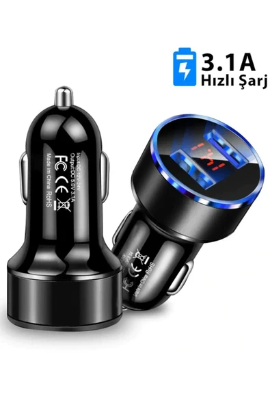 Çakmaklık Oto Araç Hızlı Şarj Aleti 3.1a Usb Çift Girişli Siyah Led Ekranlı ürün görseli 1