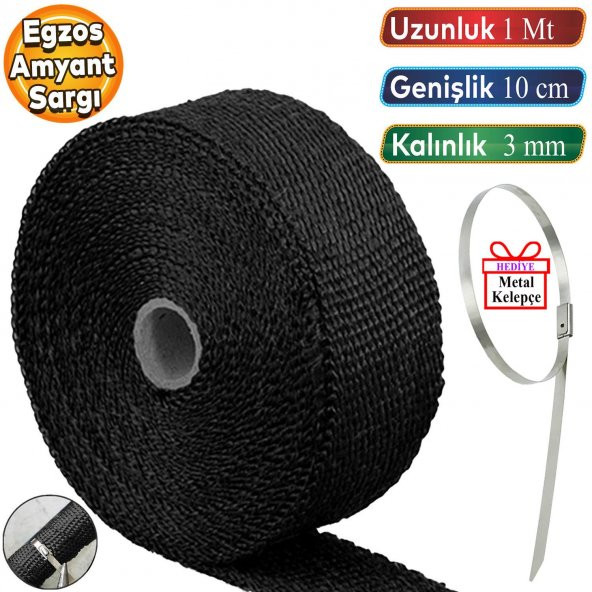 1 Metre 10 cm Cam Elyaf Eksoz Sargısı Metal Kelepçe Manifold Sargı Bezi Yanmaz Bant Siyah Amyant 3 mm (Kalınlık) ürün görseli 1