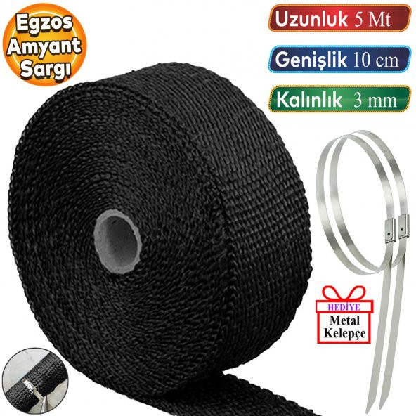 5 metre 10 cm Cam Elyaf Eksoz Sargısı Metal Kelepçe Manifold Sargı Bezi Yanmaz Bant Siyah Amyant 3 mm (Kalınlık) ürün görseli 1