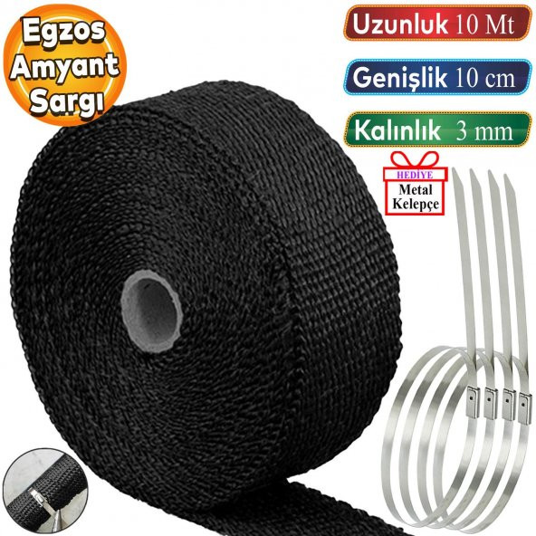 10 metre 10 cm Cam Elyaf Eksoz Sargısı Metal Kelepçe Manifold Sargı Bezi Yanmaz Bant Siyah Amyant 3 mm (Kalınlık) ürün görseli 1