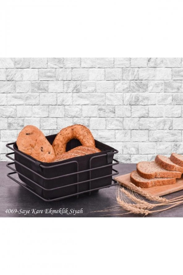 Metal Ekmeklik Siyah Şeritli Siyah Kumaş Kare Ekmek Sepeti ürün görseli 1
