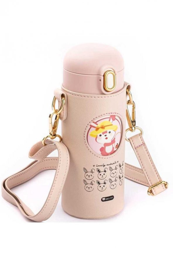 OKADI PEMBE TAVŞAN DESENLİ PİPETLİ PASLANMAZ ÇELİK ÇOCUK TERMOSU 350ML ürün görseli 1
