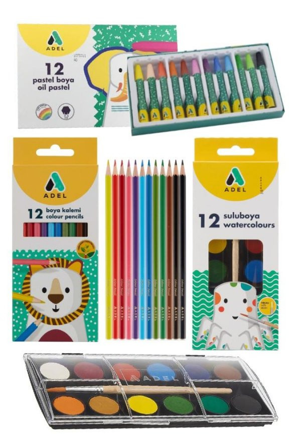 Öğrenci Okul Boyama Seti 3 lü Adel 12 Renk Pastel Boya Kuru Boya Sulu Boya 12 li Boya Set Kreş Seti ürün görseli 1