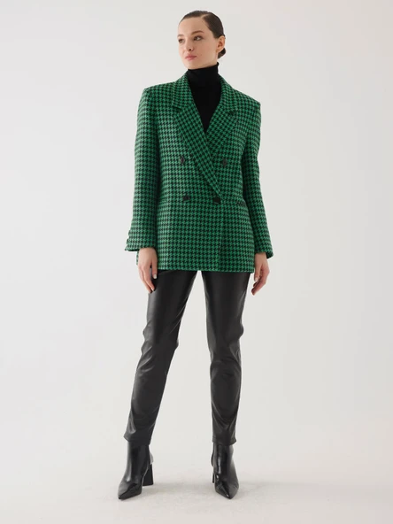 Kazayağı Desen Kruvaze Yeşil Oversize Blazer Ceket ürün görseli 1