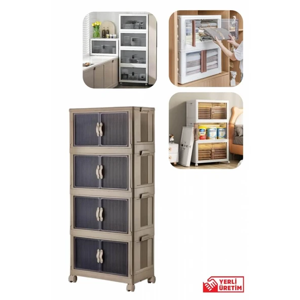 Piev Emayhome Çok Amaçlı Kapaklı Portatif İstiflenebilir Tekerlekli Organizer Dolap 4 Lü Cappuccino ürün görseli 1