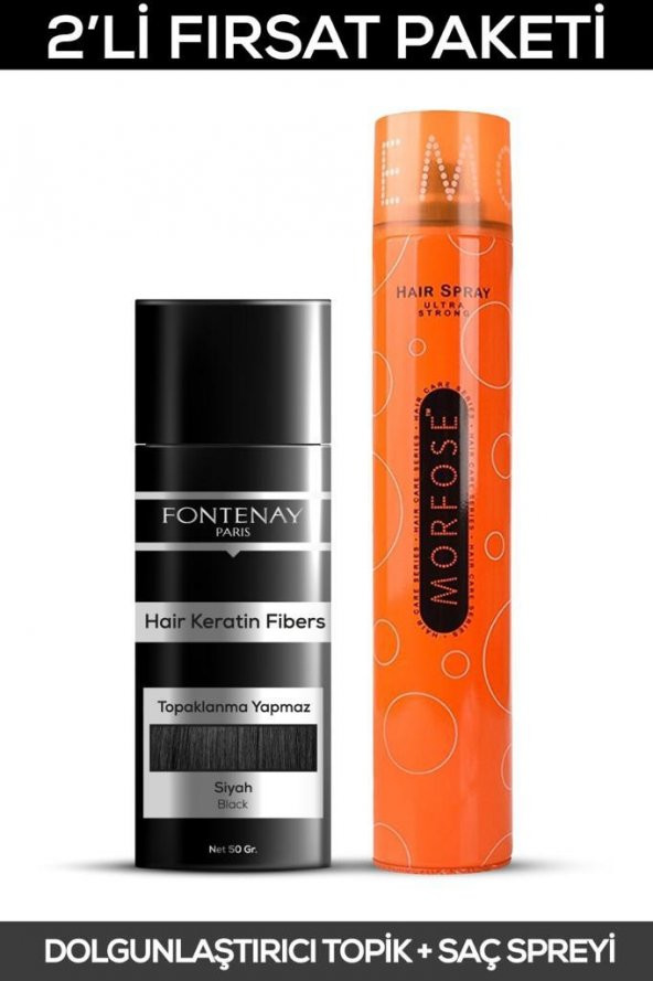 Fontenay Saç Dolgunlaştırıcı Keratin Fibers Siyah Topik Saç Tozu 50gr + Saç Spreyi 400ml 2'li Set 2 ürün görseli 1