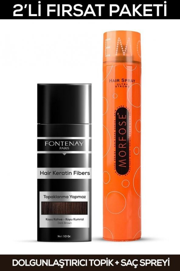 Fontenay Saç Dolgunlaştırıcı Keratin Fibers Koyu Kahve Topik Saç Tozu 50gr + Saç Spreyi 400ml 2'li Set 2 ürün görseli 1