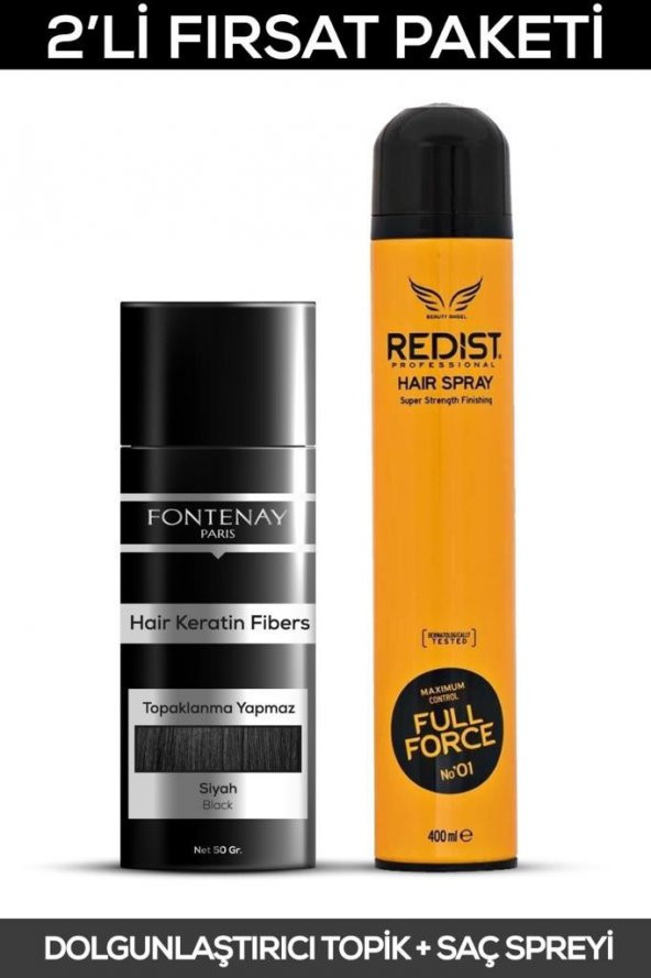 Fontenay Saç Dolgunlaştırıcı Keratin Fibers Siyah Topik Saç Tozu 50gr + Saç Spreyi 400ml 2'li Set ürün görseli 1