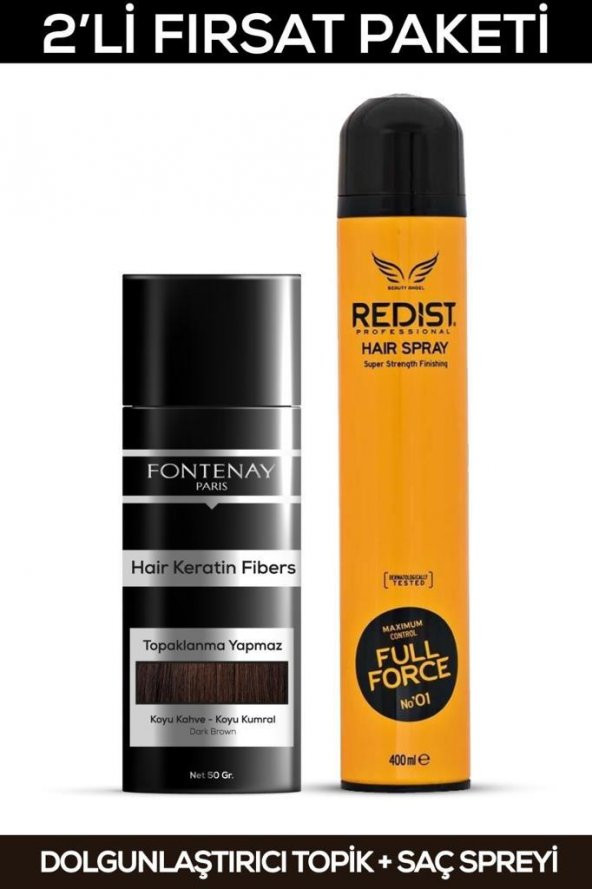 Fontenay Saç Dolgunlaştırıcı Keratin Fibers Koyu Kahve Topik Saç Tozu 50gr + Saç Spreyi 400ml 2'li Set ürün görseli 1