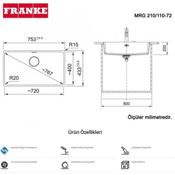 FRANKE MARİS MRG 210/110-72 STONE GREY GRANİT EVYE - Resim 2
