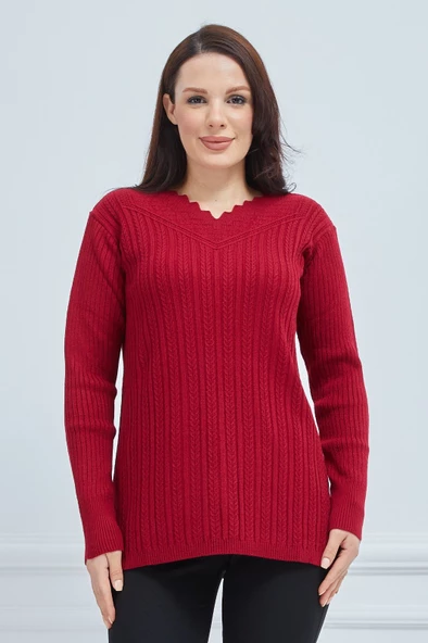 Fresh&Moda Kadın Kırmızı Triko Esnek V Yaka Kışlık Anne Kazak ürün görseli 1