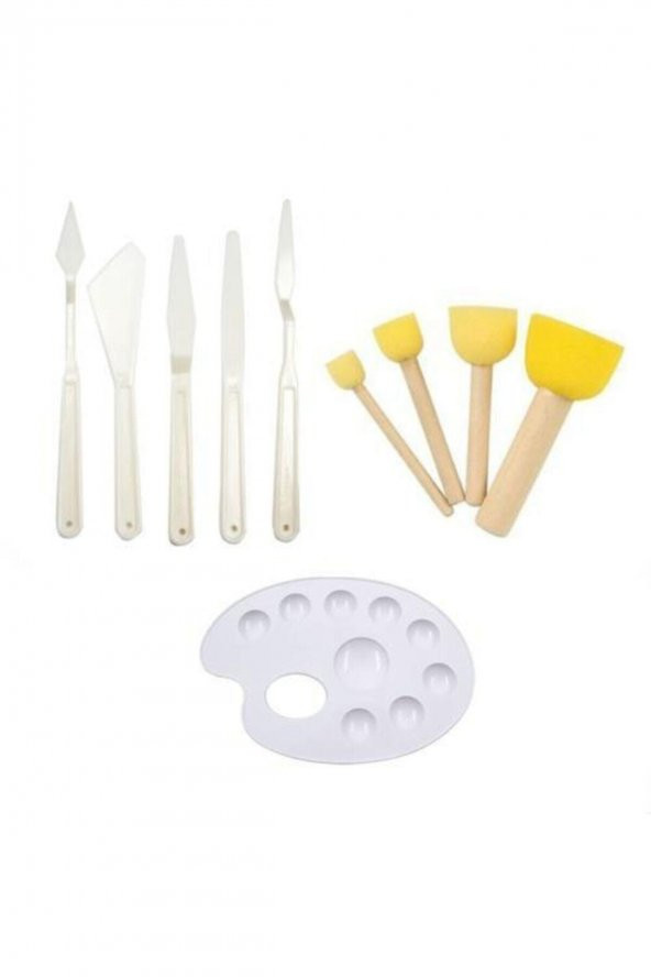 3lü Set Plastik Spatula Pon Pon Fırça Ve Palet Yardımcı Set (akrilik , guaj ve yağlı boya için ) ürün görseli 1