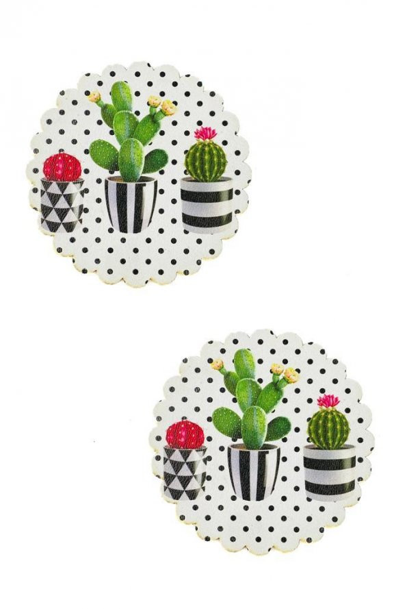 2li Ahşap Kaktüs Desenli 9.5cm Kaydırmaz 5mm Bardak Sunum Altlığı ürün görseli 1
