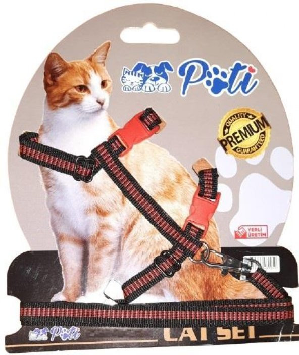 Pati Yavru Köpek ve Kedi Gezdirme Takım Tasması (Ayarlanabilir) Siyah-Kırmızı Şeritli ürün görseli 1