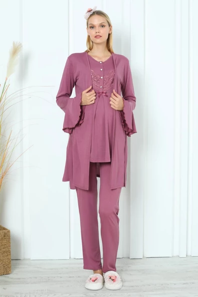 Vişne Renk Dantel Detaylı Erdeniz 3391 Sabahlıklı Hamile Pijama Takımı ürün görseli 1