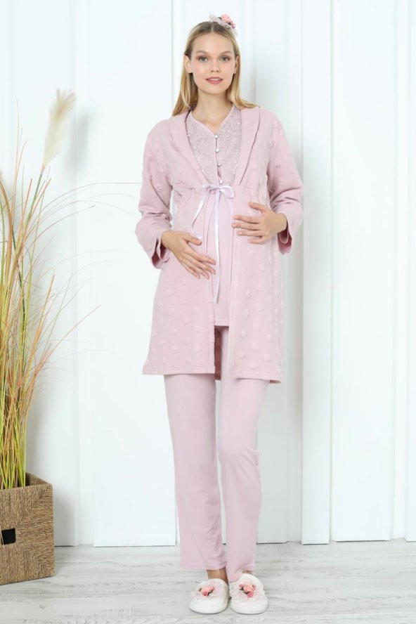 Pudra Renk Erdeniz 3392 Kışlık Wellsoft Sabahlıklı Hamile Pijama Takımı ürün görseli 1