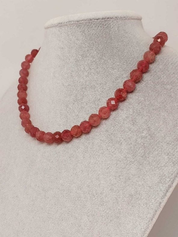 Çilek Kuvars Taşı Faset Kesim Kolye 8mm (Sabit Klipsli) ürün görseli 1