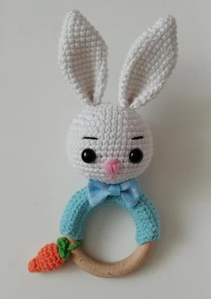Şirin Tavşan Diş Kaşıyıcılı Çıngırak Amigurumi Organik Oyuncak ürün görseli 1