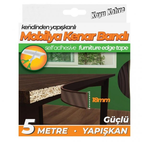 Kendinden Yapışkanlı Masa,Raf,Dolap,Tezgah,Mobilya Kenar Bandı 18mmX5 Metre-Koyu Kahve ürün görseli 1