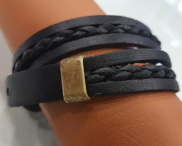 Uzun Deri Bileklik Siyah Örgü Biyeli ürün görseli 1