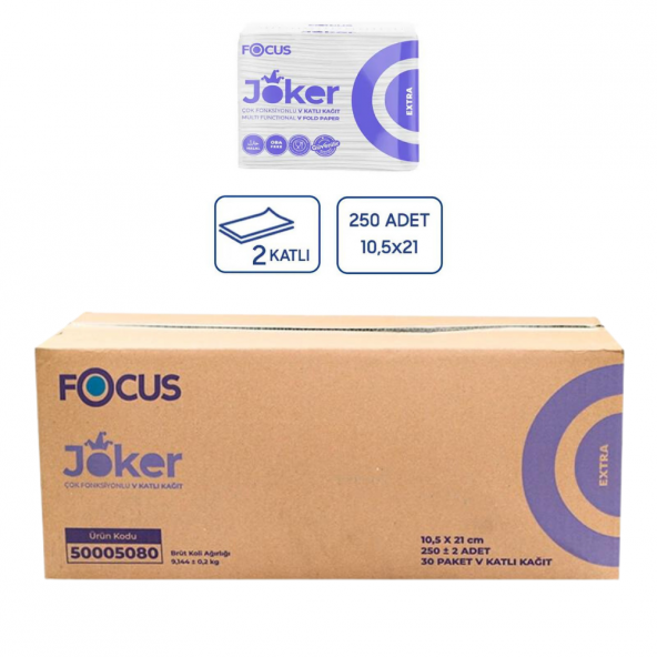 Focus Extra Joker V Katlı Kağıt Peçete 30 Paket x  250 Yaprak  21 cm. x 10,5 cm. (50005080) ürün görseli 1