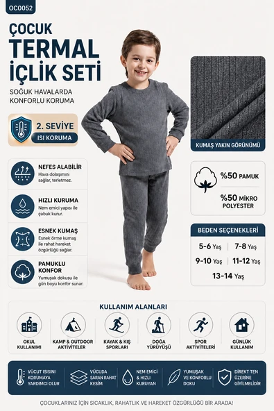 Antrasit Termal Çocuk İçlik Takım Unisex OC0052 ürün görseli 1