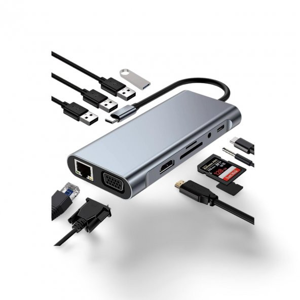Cosmostech Macbook Pro Air Type-C 11 In 1, 4K Hdmı, Vga, Pd, Usb3.0, RJ45 Ethernet, Sd/tf Card Reader, 3.5mm Aux, Çevirici Hub Adaptör ürün görseli 1