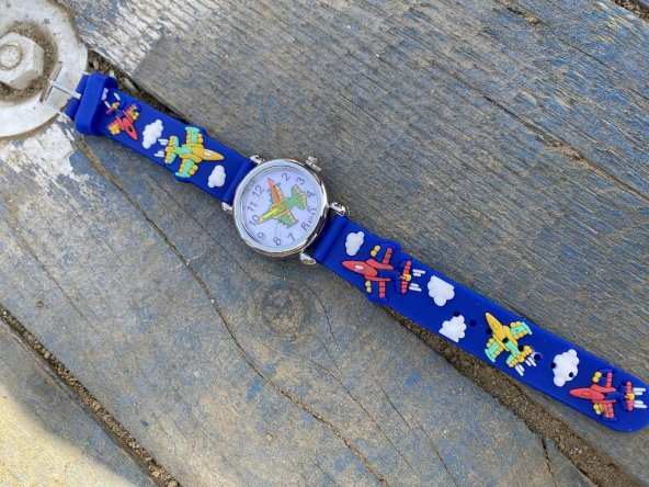 DZC KUZENLER AVM Mavi Silikon Kordon Uçak Desenli Erkek Çocuk Saati ürün görseli 1