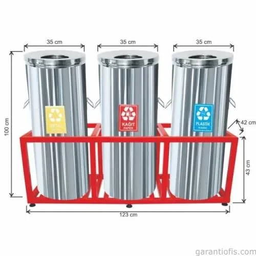 Garanti Metal 1811 Kafesli Paslanmaz Çelik 3 lü Geri Dönüşüm Çöp Kovası ürün görseli 1
