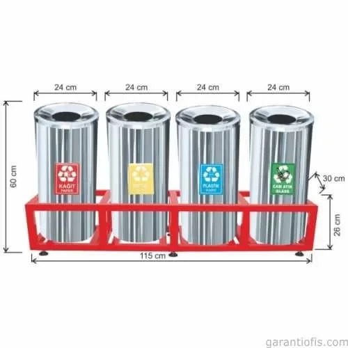 Garanti Metal 1812 Kafesli Paslanmaz Çelik 4 lü Geri Dönüşüm Çöp Kovası ürün görseli 1