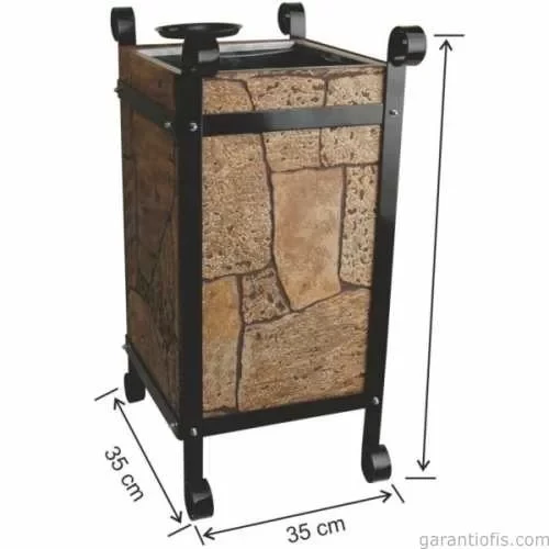 Garanti Metal 2105 Taş Dekorlu Kül Tablalı Kare Ahşap Bahçe Tipi Çöp Kovası (45 Litre) ürün görseli 1