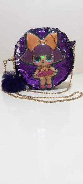 KALİTELİ LOL BEBEK PONPONLU PULLU IŞIKLI PAYETLİ ÇOCUK ZİNCİRLİ OMUZ ÇANTASI MOR ürün görseli 1