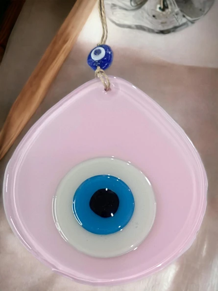 Mavi Nazar Boncuklu Pudra Pembe Renk Nazar Boncuklu Damla Desen El Yapımı Duvar Süsü ürün görseli 1