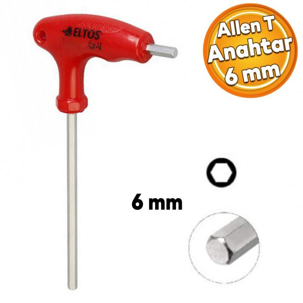 Eltos Allen Alyan 2 Uçlu T Tipi Anahtar altıgen Köşeli Somun Vida Sıkma Sökme 6 mm ETA06 ürün görseli 1