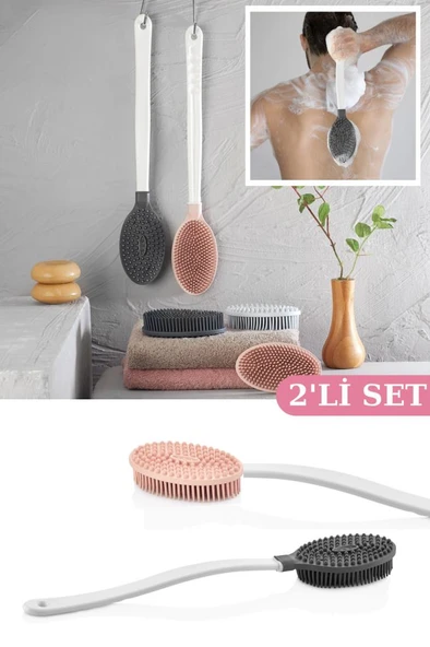 2 Adet Uzun Saplı Vücut Masaj Fırçası, Çift Taraflı Sırt Kese Duş Masaj Fırça 2’li Set FÜME+PEMBE ürün görseli 1
