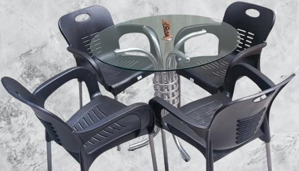 Masa 90279 Takım Temper Cam Gri Siyah Kolçak Sandalye Mutfk Balkon Bahçe El Yapım ürün görseli 1
